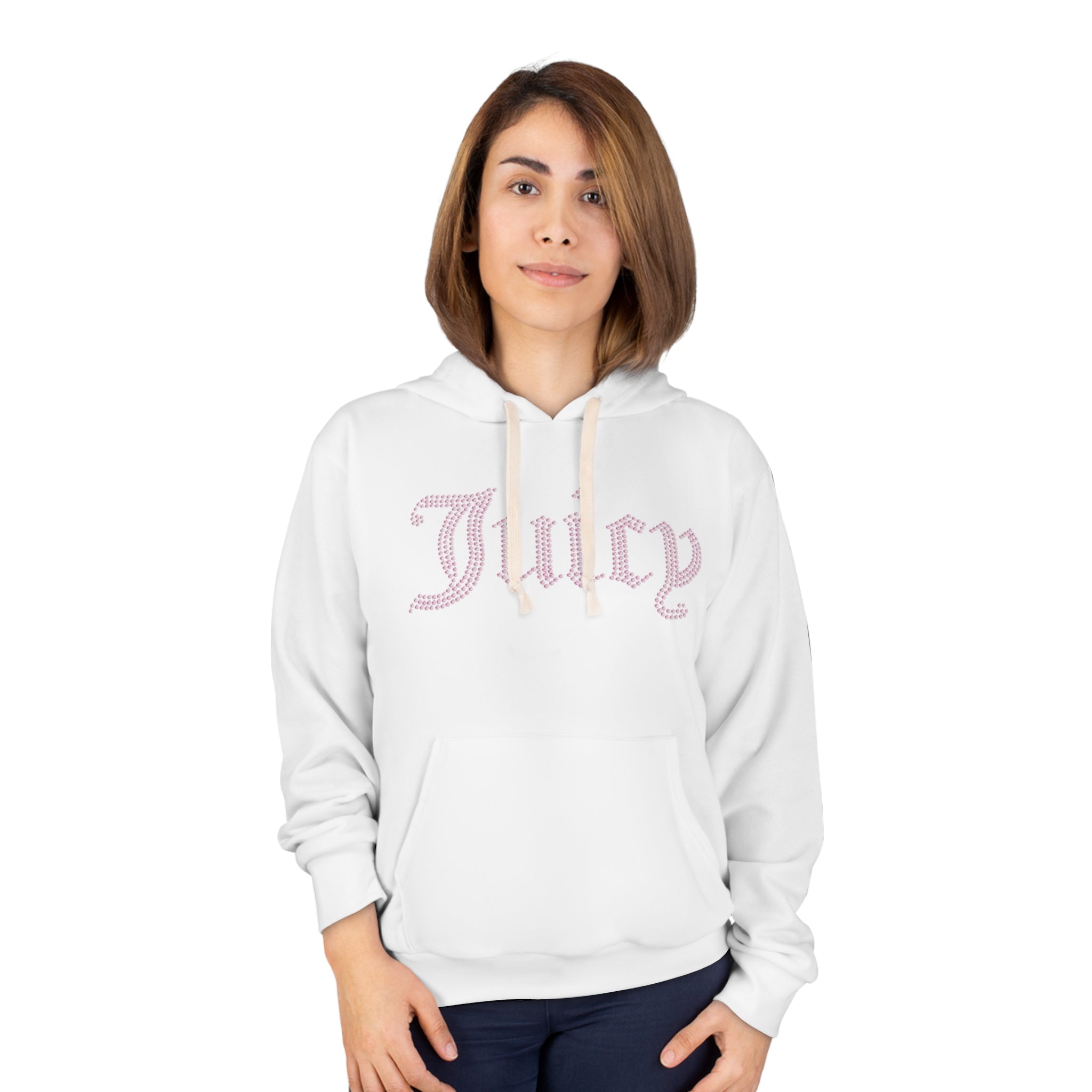Juicy Rhinestone Script Hoodie — White Pullover with Pink 'Juicy' Design