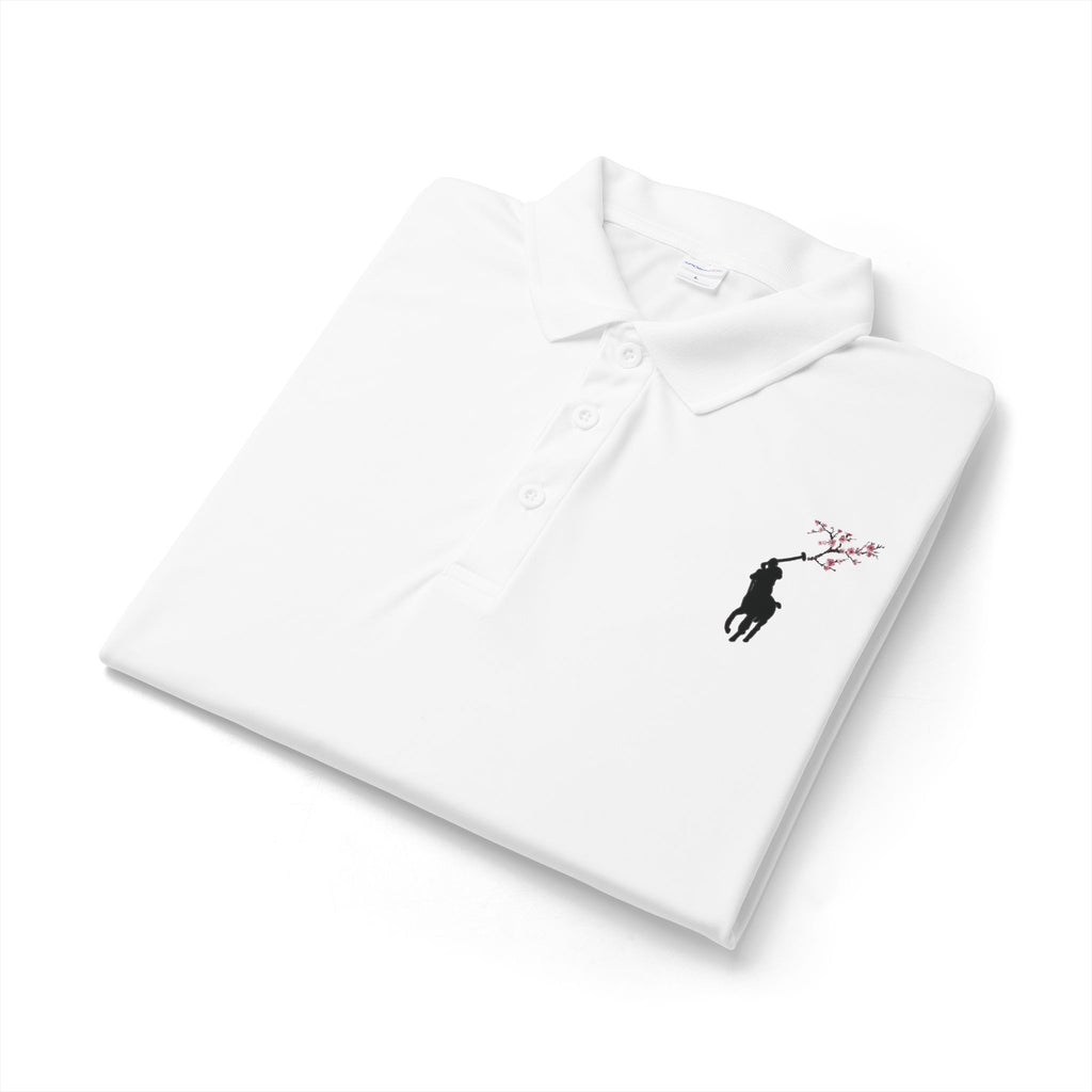 Men's Polo Shirt — Embroidered Polo Player with Cherry Blossom Accent