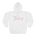 Juicy Rhinestone Script Hoodie — White Pullover with Pink 'Juicy' Design