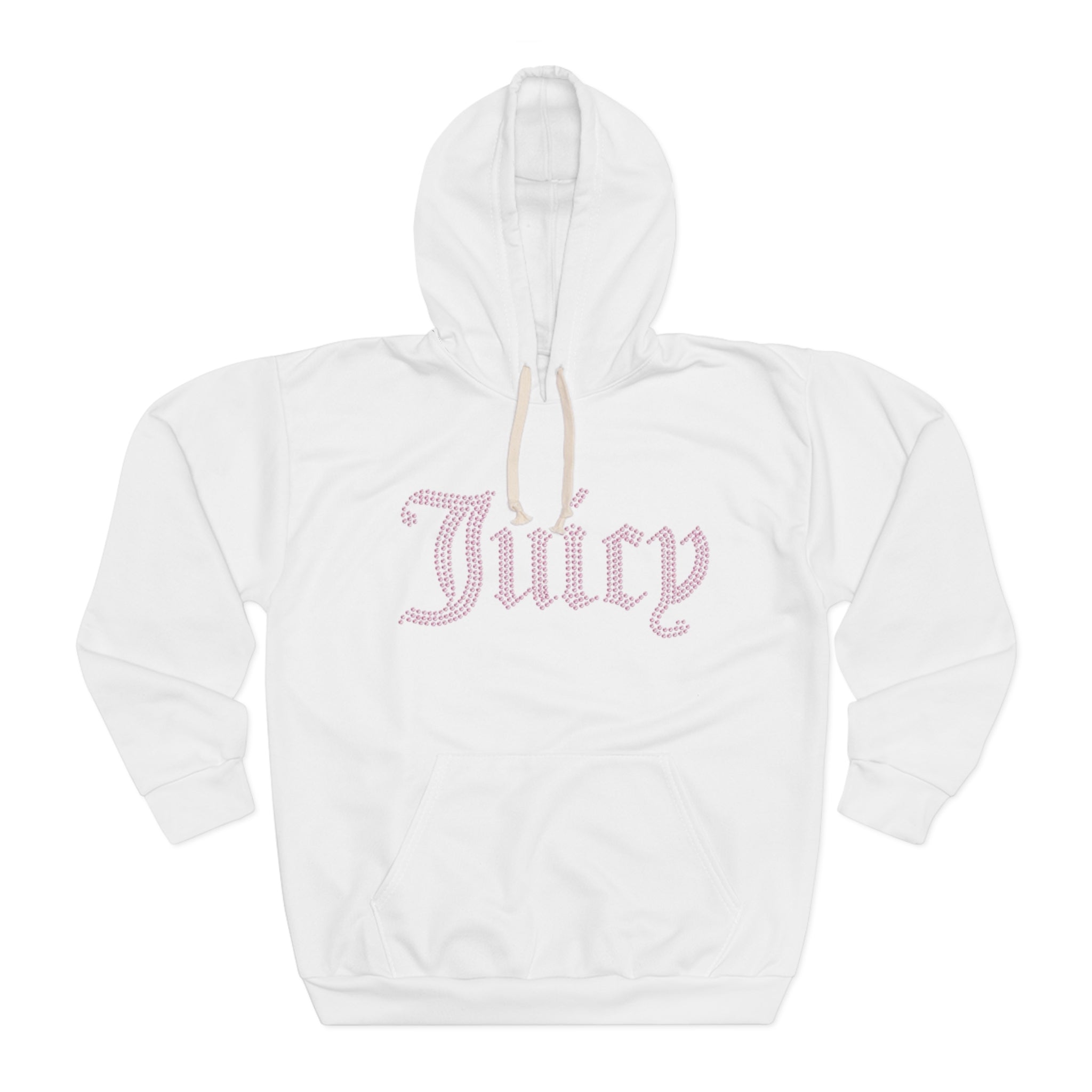 Juicy Rhinestone Script Hoodie — White Pullover with Pink 'Juicy' Design