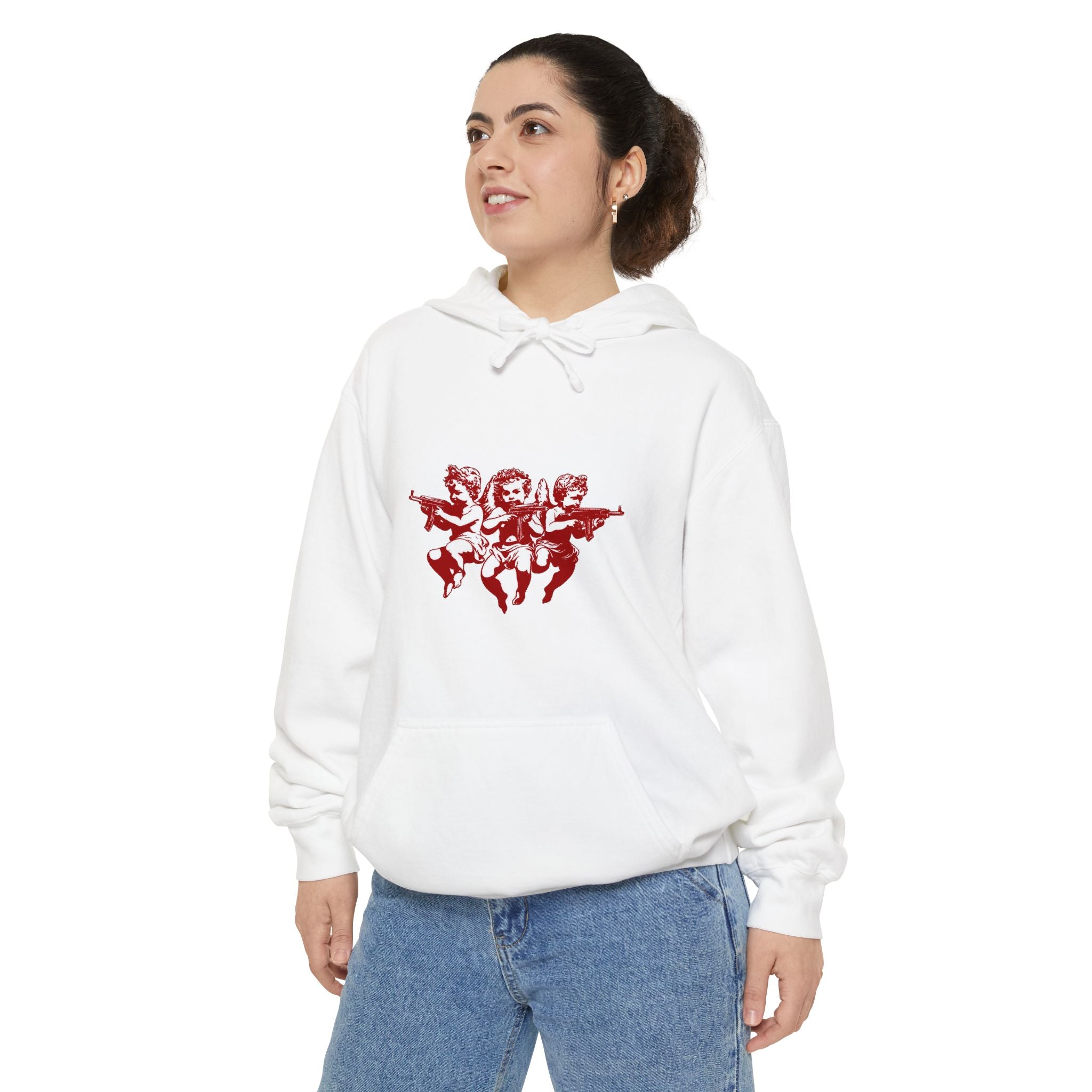 Cherub Trio Graphic Hoodie — Vintage Red Angel Design