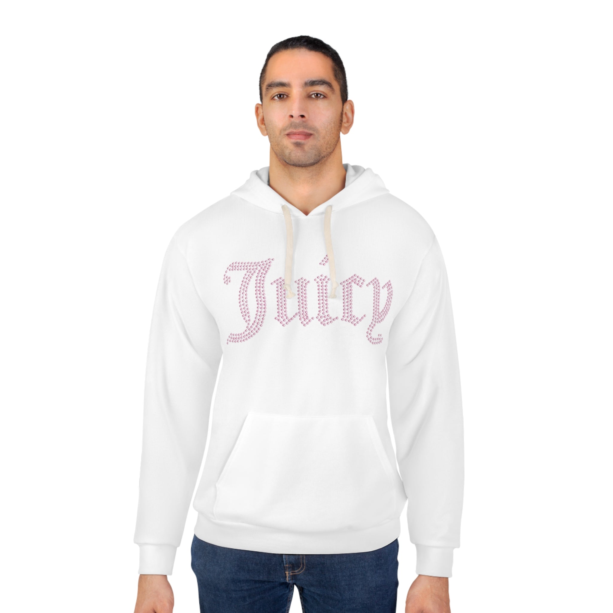 Juicy Rhinestone Script Hoodie — White Pullover with Pink 'Juicy' Design