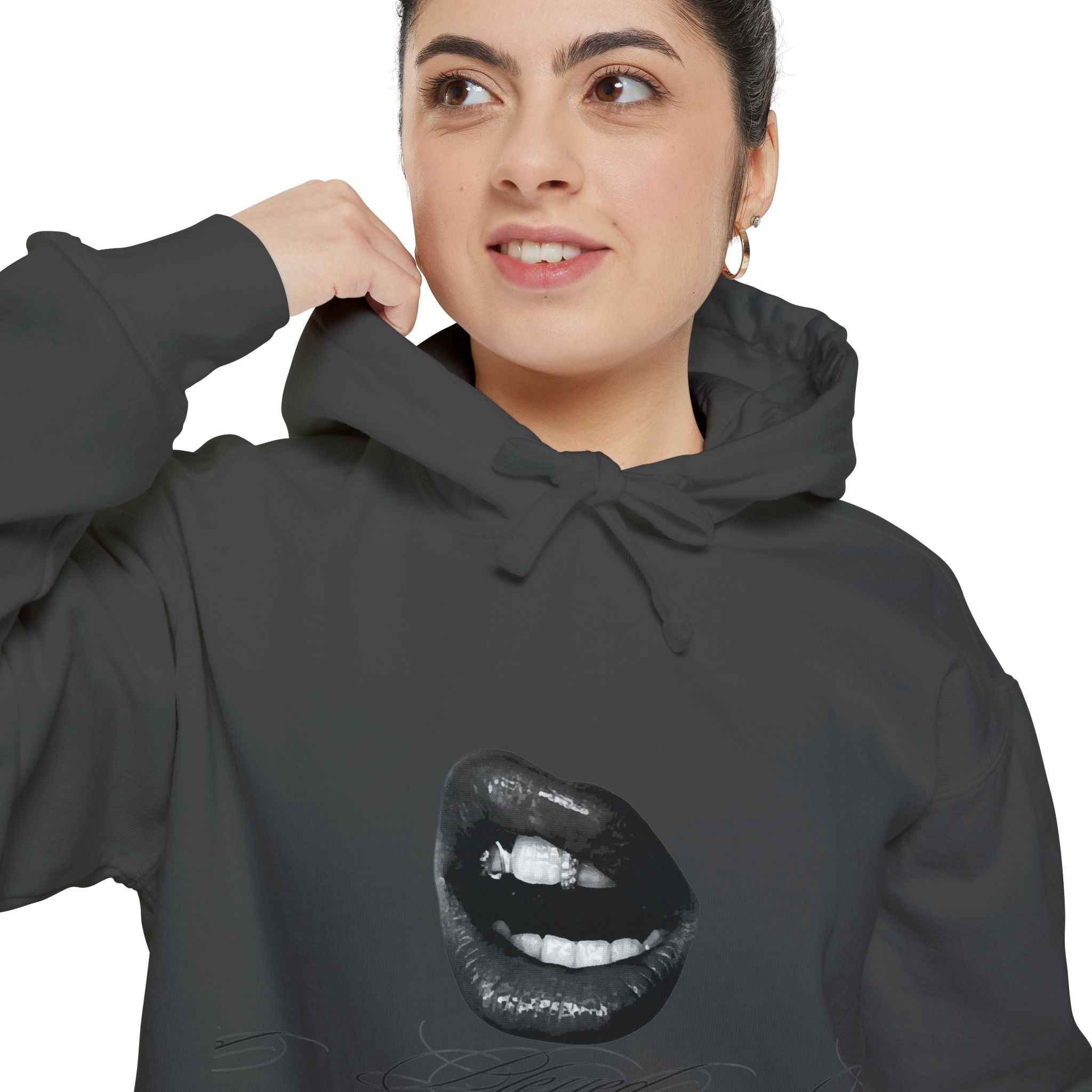 Graphic Lip Print Hoodie — Bold Monochrome Smile Design
