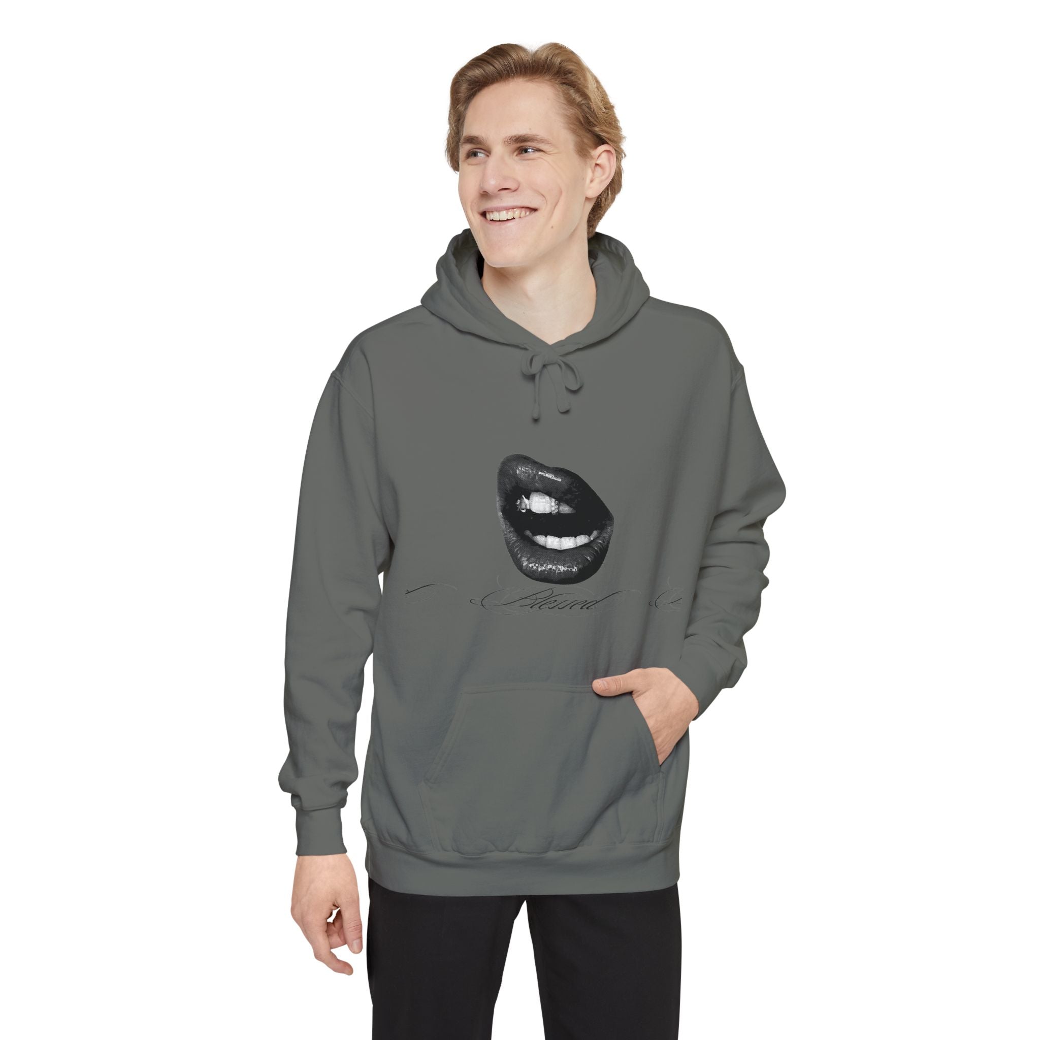 Graphic Lip Print Hoodie — Bold Monochrome Smile Design