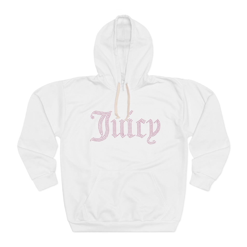Juicy Rhinestone Script Hoodie — White Pullover with Pink 'Juicy' Design - ARSLANHAN