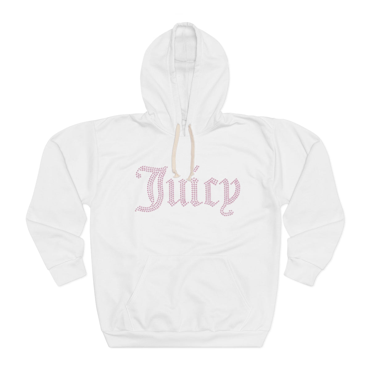 Juicy Rhinestone Script Hoodie — White Pullover with Pink 'Juicy' Design - ARSLANHAN
